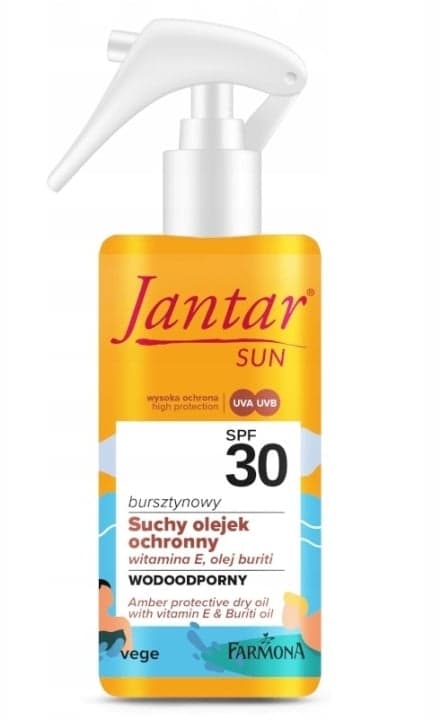 Jantar Sun Bursztynowy Olejek suchy wodoodporny ochronny z witaminą E i olejem buriti SPF 30 UVA UVB
