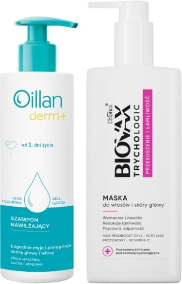OILLAN Dermo-krem nawilżający + BIOVAX TRYCHOLOGIC PRZESUSZENIE I ŁAMLIWOŚĆ Maska do włosów i skóry głowy