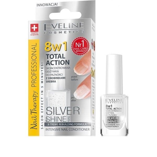 Cosmetics, 8in1 Total Action Silver Shine, skoncentrowana odżywka do paznokci z drobinkami srebra