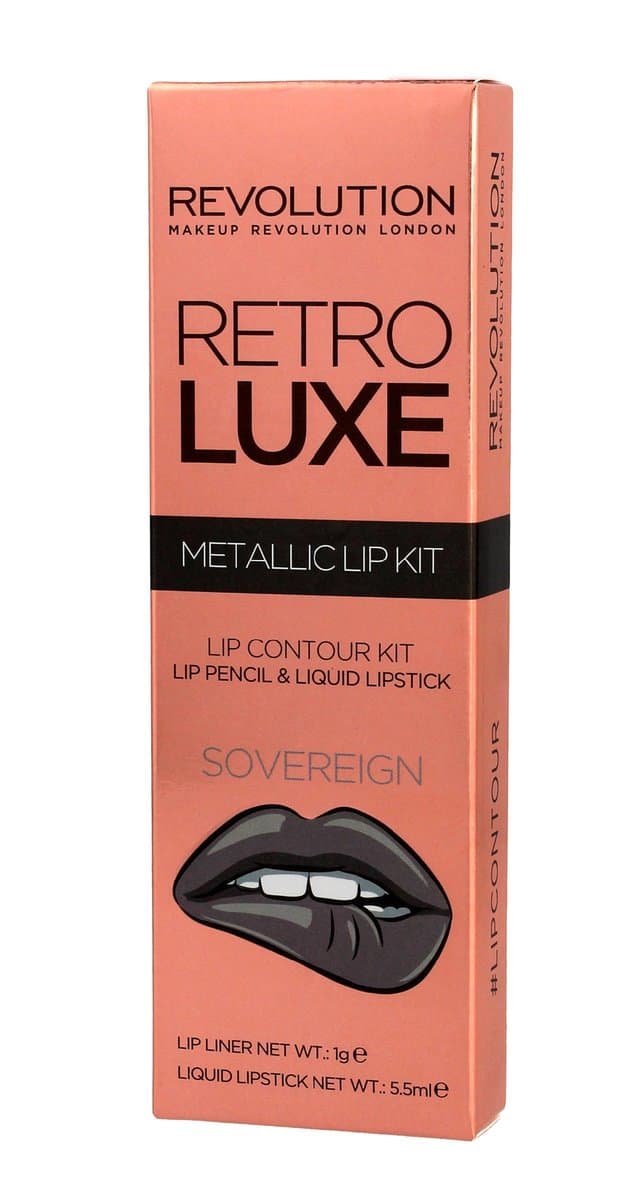 Makeup Revolution, Retro Luxe Metallic Lip Kit, konturówka + błyszczyk Sovereign, +