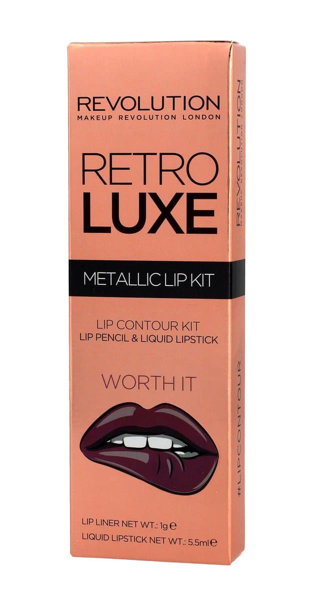 Makeup Revolution, Retro Luxe Metallic Lip Kit, konturówka + błyszczyk Worth It, +