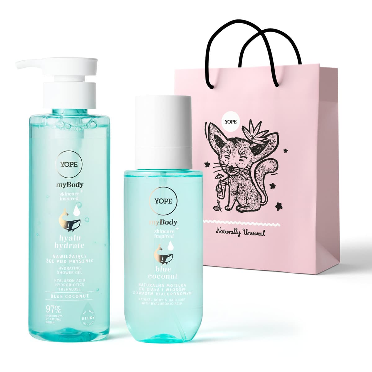 myBODY Hyalu Hydrate Blue Coconut zestaw żelu i mgiełki z torbą
