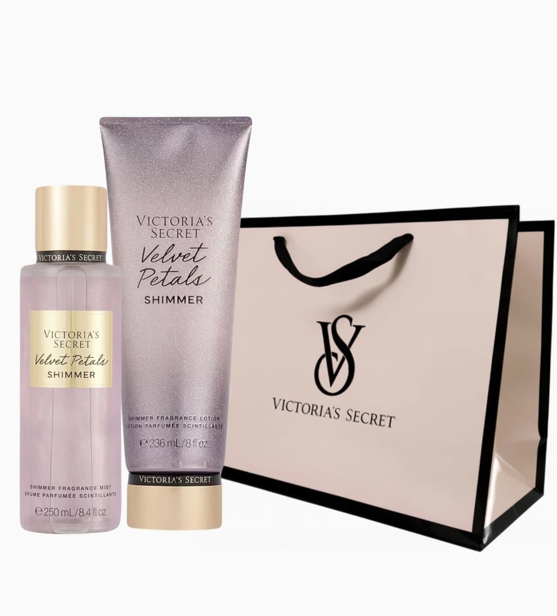 Velvet Petals Shimmer — zestaw: mgiełka, balsam, torebka