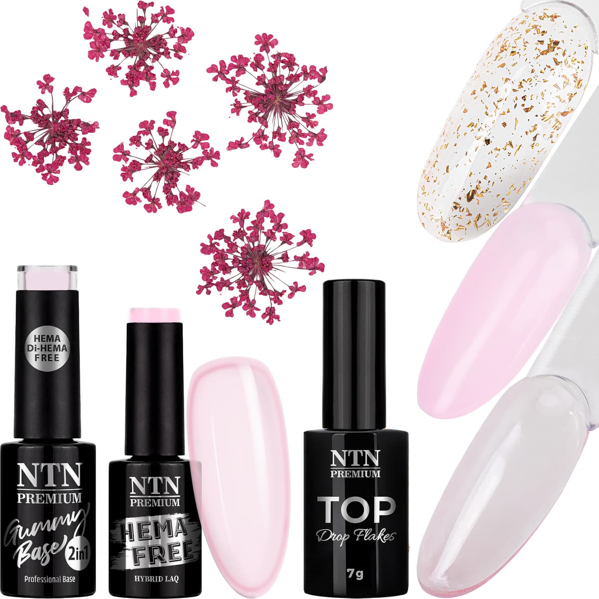 Floral Blush – lakier, baza, top z drobinkami i kwiaty