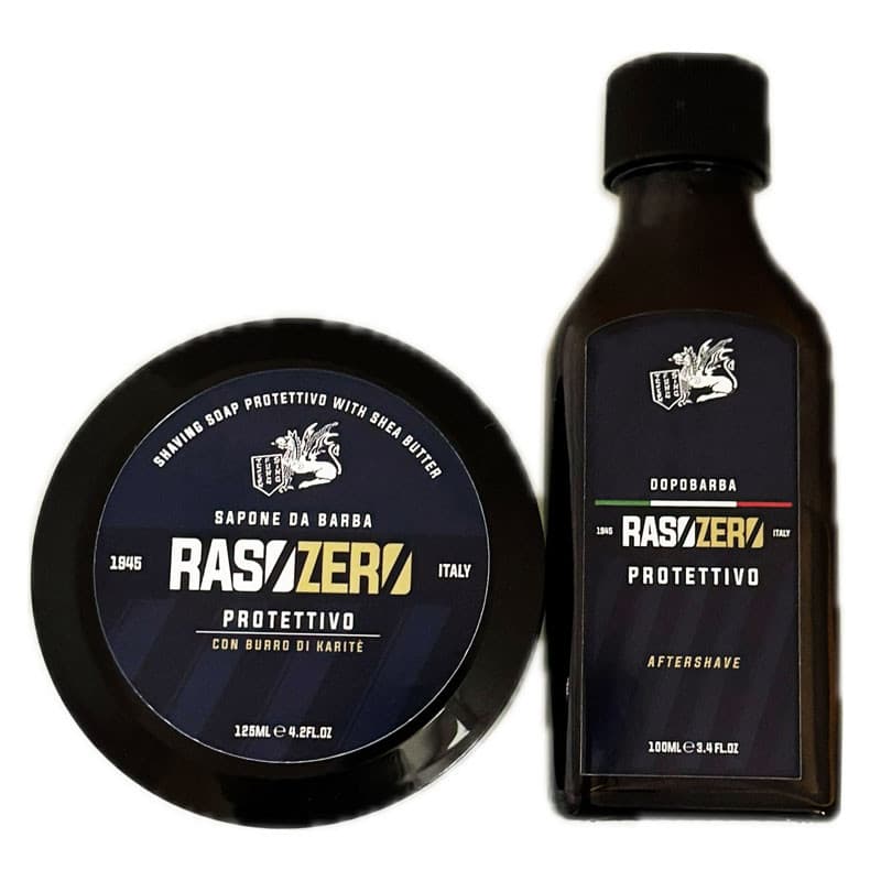 Zestaw DUO RasoZero Protettivo Shea (Karite) mydło w tyglu i aftershave (niebieski)