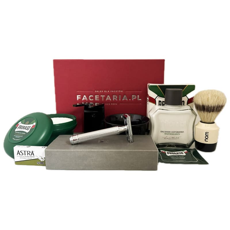 Zestaw prezentowy z Muhle R89, pędzel nom i Zielone Proraso z miseczką