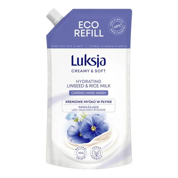 Creamy & Soft, nawilżające mydło w płynie, Len i Mleczko Ryżowe, refill