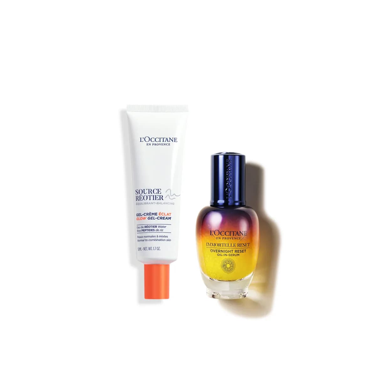 L’Occitane Duet serum Immortelle Reset i Rozświetlający żel-krem do twarzy Source Réotier