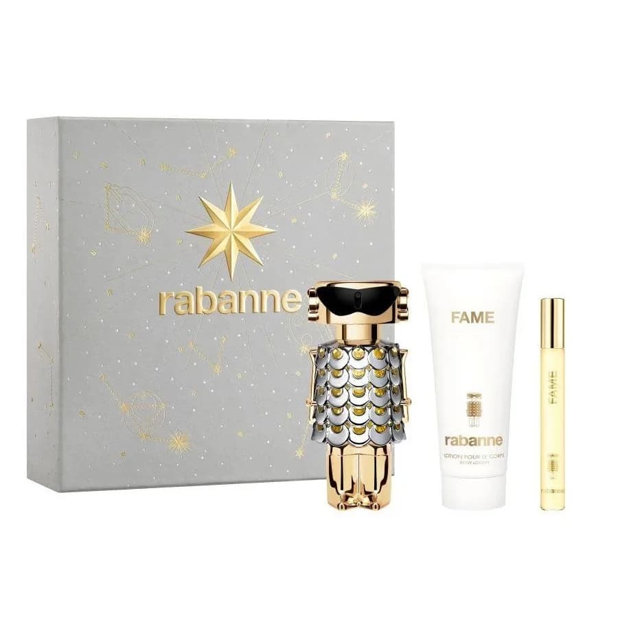 Rabanne Fame – zestaw 10 ml + 100 ml + 80 ml + balsam do ciała 100 ml + balsam do ciała 100 ml + woda perfumowana 10 ml + woda perfumowana 10 ml + woda perfumowana 80 ml + woda perfumowana 80 ml