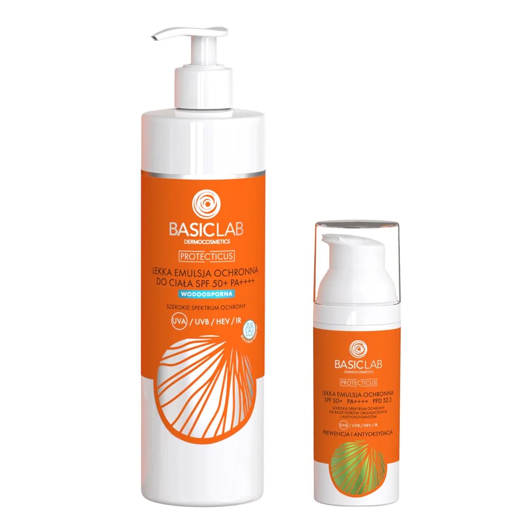 Zestaw dermatologiczna ochrona SPF 50+ PA++++ : Lekka emulsja SPF do twarzy + SPF do ciała