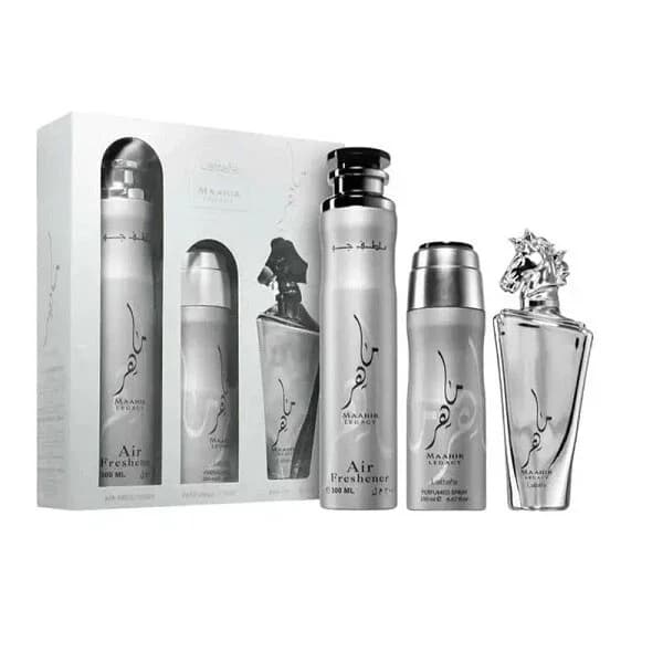 Maahir Legacy zestaw: woda perfumowana + dezodorant + odświeżacz powietrza