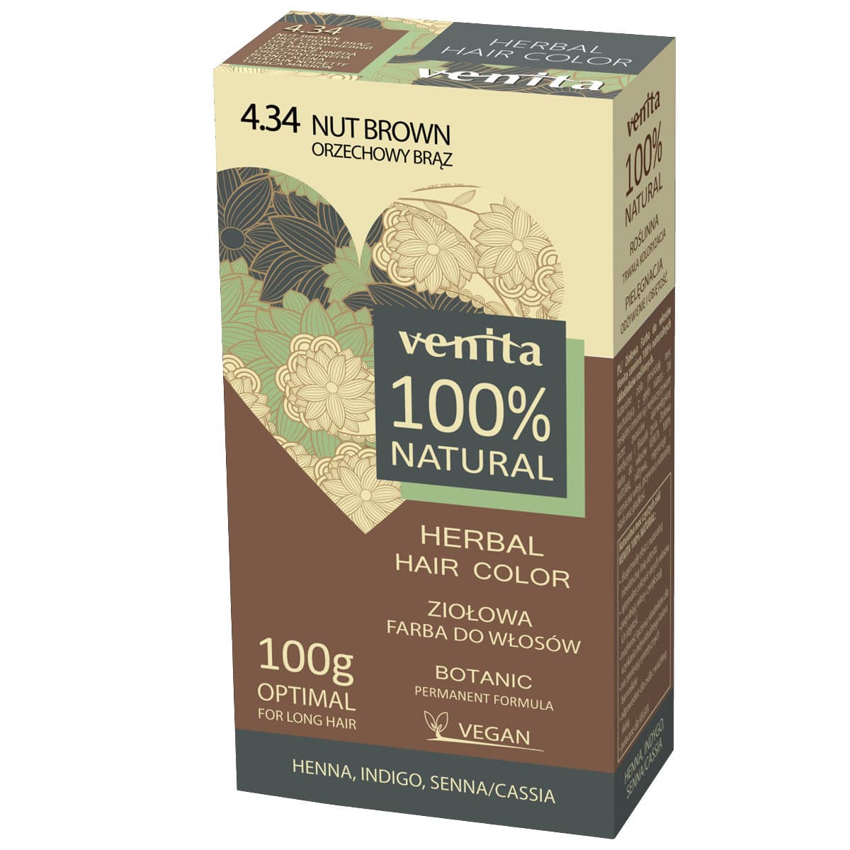 100% Natural ziołowa farba do włosów 4.34 Orzechowy Brąz
