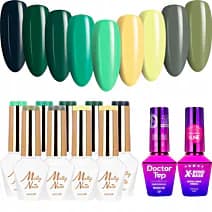 Zestaw 9 kolorów Molly Nails Rest & Relax HEMA/Di-HEMA Free + baza i top GRATIS (X-Bond Base, Doctor Top)