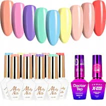 MollyNails Yoghurt Zestaw 9 Lakierów Hybrydowych Do Paznokci + Baza X-Bond Base + Top Doctor Top