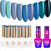 MollyNails Blue Sky Zestaw 9 Lakierów Hybrydowych Do Paznokci + Baza X-Bond Base + Top Doctor Top