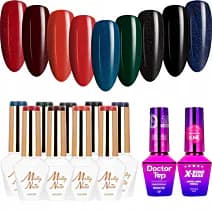 MollyNails Elite Women Zestaw 9 Lakierów Hybrydowych Do Paznokci + Baza X-Bond Base + Top Doctor Top