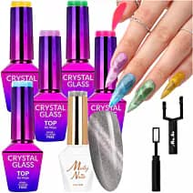 MollyNails Zestaw 5 Topów Crystal Glass + Lakier Hybrydowy Cat Eye + Magnetyzer