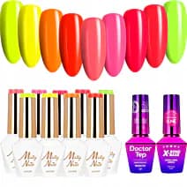 MollyNails Neons Zestaw 9 Lakierów Hybrydowych Do Paznokci + Baza X-Bond Base + Top Doctor Top