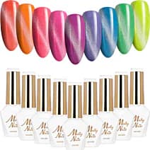 9x Lakier Hybrydowy Mollynails Neon Flashy Cat Eye Zestaw 9w1 Brokatowy