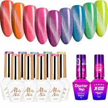 MollyNails Neon Flashy Cat Eye Zestaw 9 Lakierów Hybrydowych Do Paznokci + Baza X-Bond Base + Top Doctor Top
