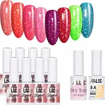 Flash Glitter – zestaw 8 lakierów hybrydowych z bazą i topem