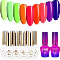 MollyNails Vivid Vibes Zestaw 9 Lakierów Hybrydowych Do Paznokci + Baza Top