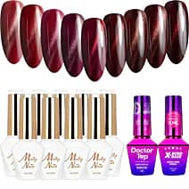 MollyNails Cat Eye Reds Zestaw 9 Lakierów Hybrydowych Do Paznokci + Baza Top