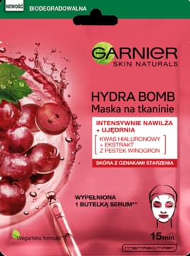 Skin Naturals Hydra Bomb maska w płachcie z kwasem hialuronowym i ekstraktem z pestek winogron, nawilżająca i ujędrniająca