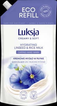 Creamy & Soft mydło w płynie, do rąk, kremowe, nawilżające, Len i Mleczko ryżowe, zapas