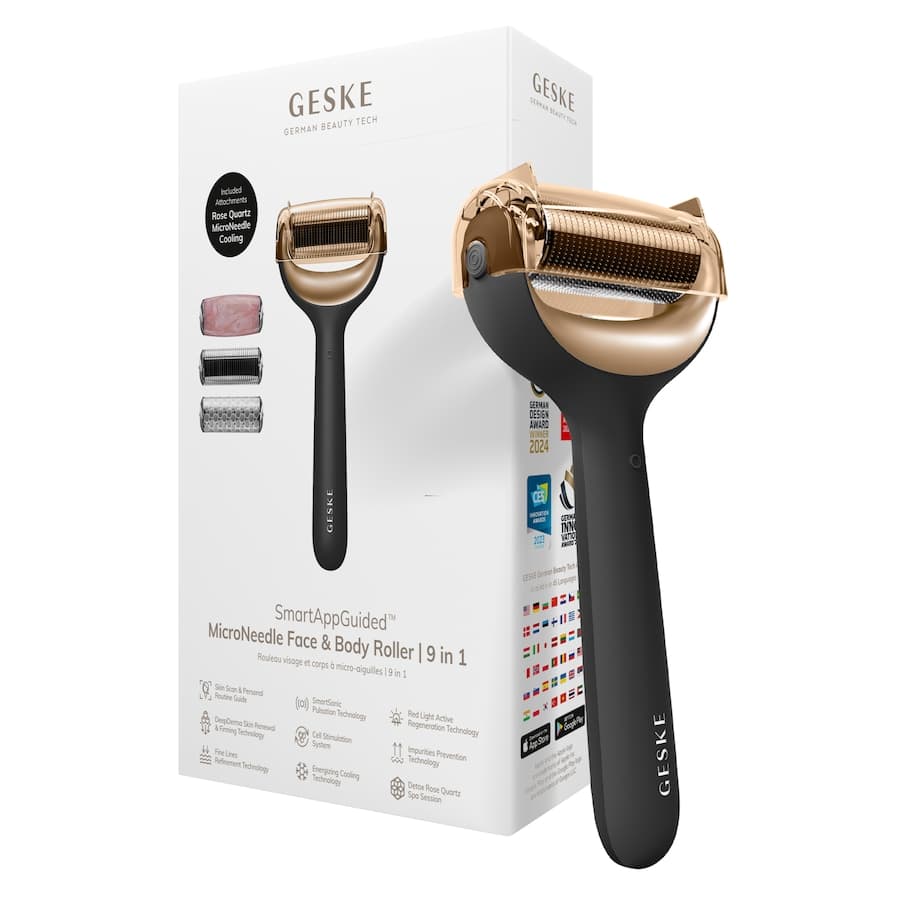 GESKE SmartAppGuided™ MicroNeedle Face & Body Roller | 9 in 1 Płyny do czyszczenia pędzli 1 ct
