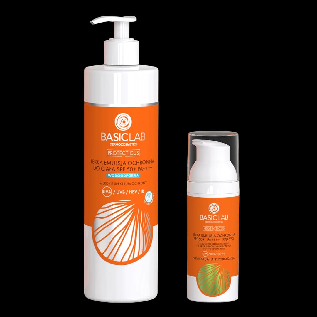 Zestaw dermatologiczna ochrona SPF 50+ PA++++ : Lekka emulsja SPF do twarzy + SPF do ciała