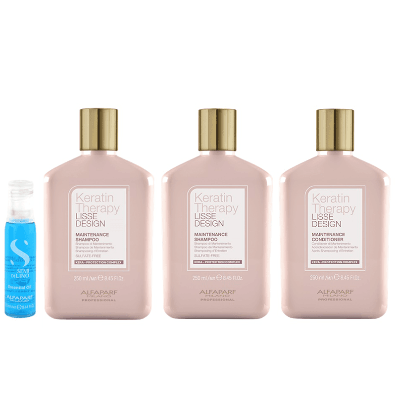Keratin Therapy Lisse Design and Semi Di Lino | Zestaw podtrzymujący efekt wygładzenia i regenerujący: szampon 2x + odżywka + kuracja