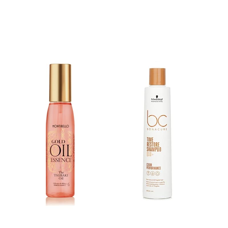 Gold Oil Essence + Q10 Time Restore | Zestaw odmładzający: olejek do włosów + szampon micelarny