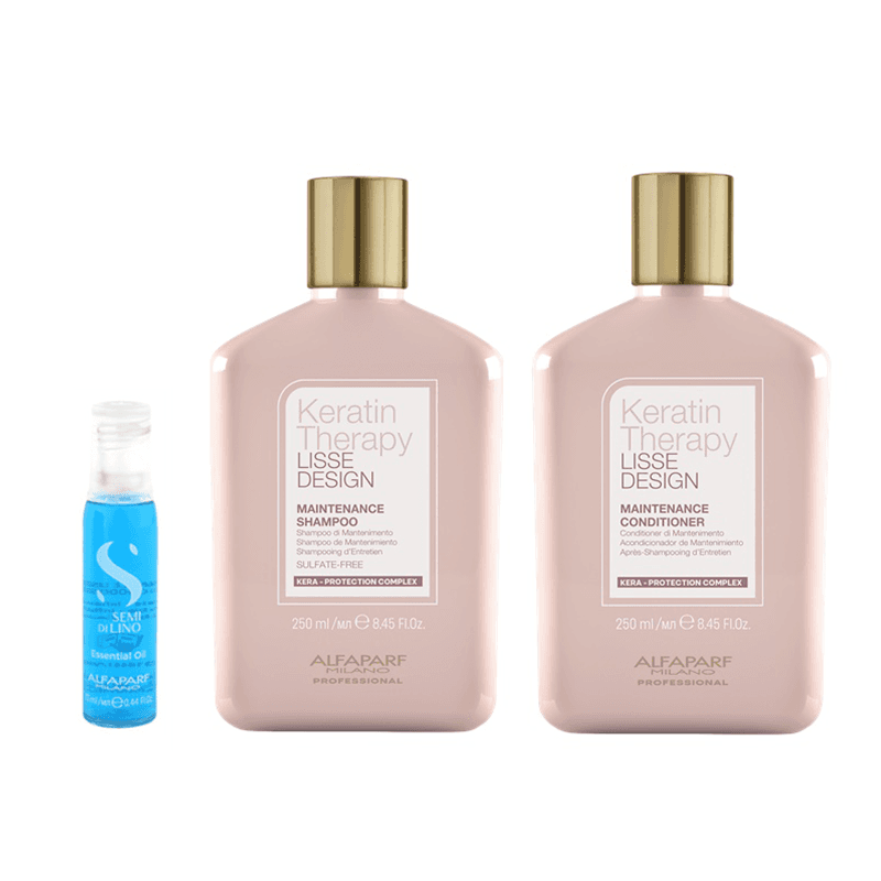 Keratin Therapy Lisse Design and Semi Di Lino | Zestaw podtrzymujący efekt wygładzenia i regenerujący: szampon + odżywka + kuracja