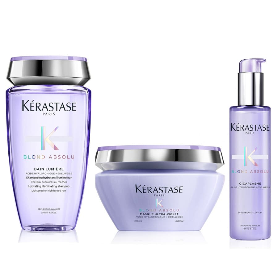 Blond Absolu Lumiere and Ultra-Violet and Cicaplasme | Zestaw do włosów blond: kąpiel rozświetlająca + maska + krem termoochronny