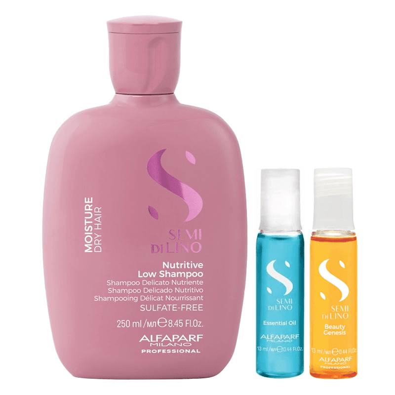 Semi Di Lino Moisture Nutritive | Nawilżający zestaw do włosów suchych i matowych: szampon niskopieniący + ampułka regenerująca + prezent: ampułka nabłyszczająca