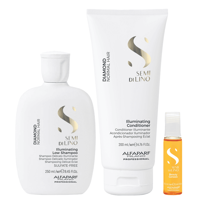 Semi Di Lino Diamond Illuminating Low | Rozświetlający zestaw do włosów suchych i matowych: szampon niskopieniący + odżywka + prezent: ampułka nabłyszczająca