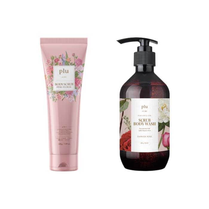 Body Scrub Pink Floral - (1ea) & Perfumed Spa Scrub Body Wash - - Damask Rose (1ea) Set