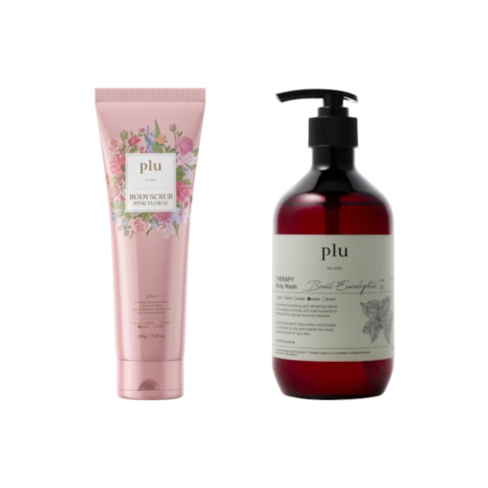 Body Scrub Pink Floral - (1ea) & Therapy Body Wash - - Basil Eucalyptus (1ea) Set