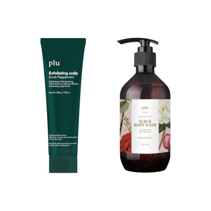 Exfoliating Scalp Scrub Peppermint - (1ea) & Perfumed Spa Scrub Body Wash - - Damask Rose (1ea) Set