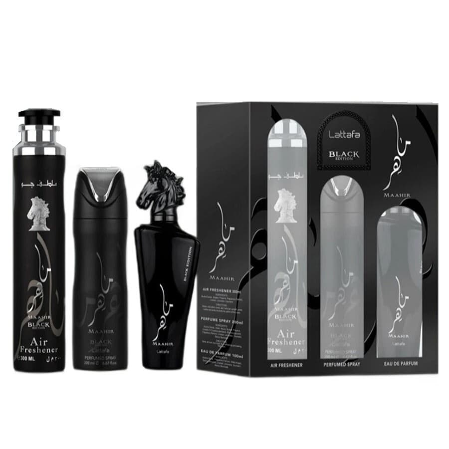 Maahir Black Edition zestaw woda perfumowana spray + dezodorant spray + odświeżacz powietrza (U)