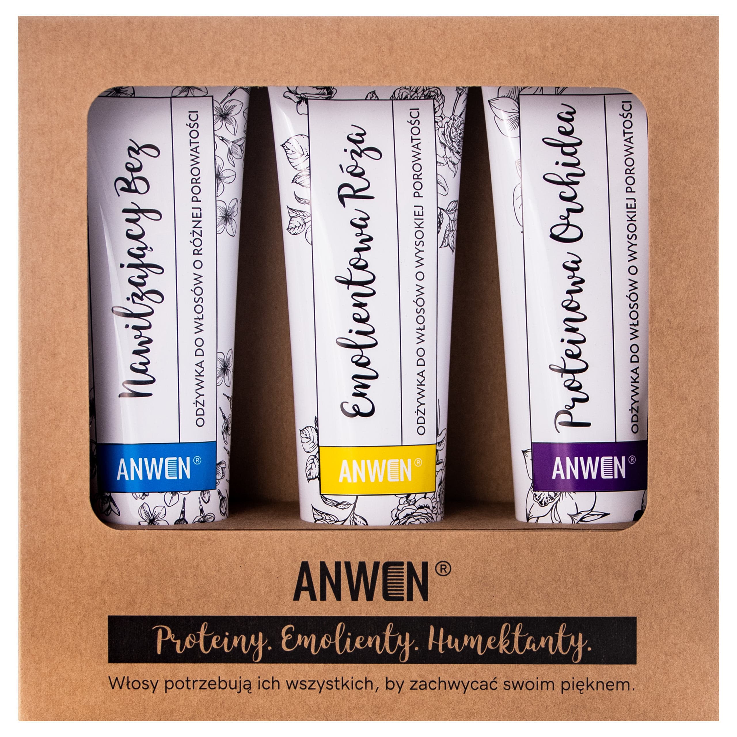 Odżywki do włosów o wysokiej porowatości zestaw Proteinowa Orchidea + Emolientowa Róża + Nawilżający Bez