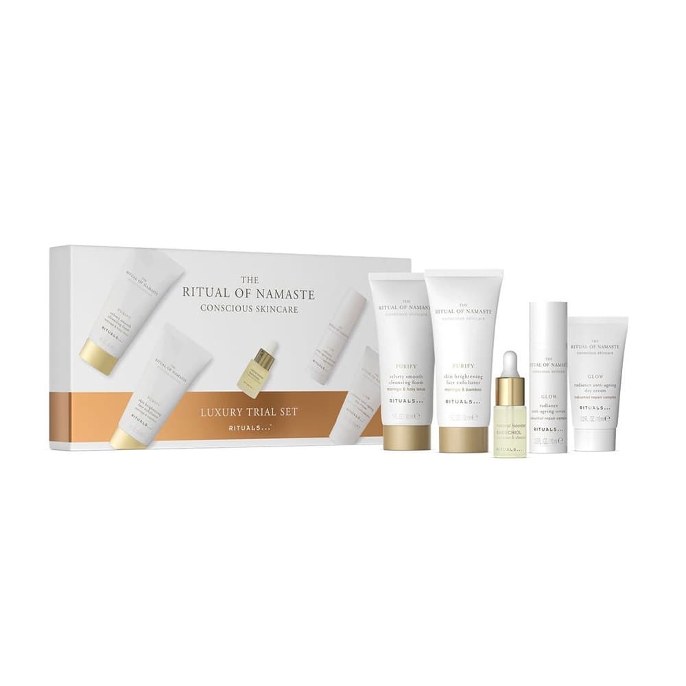The Ritual of Namaste zestaw pianka oczyszczająca + peeling do twarzy + krem na dzień + serum + booster z bakuchiolem