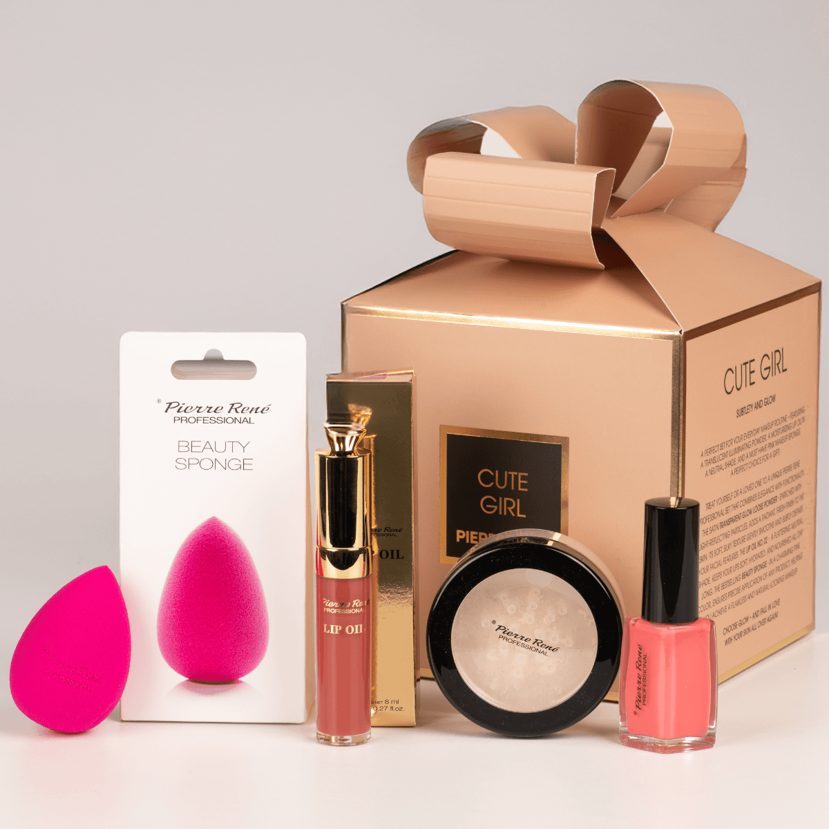 Rene Cute Girl: Puder sypki + Lip Oil + Beauty Sponge